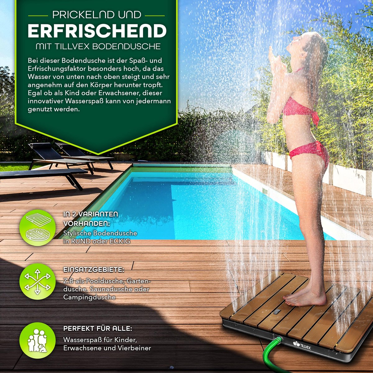 tillvex® Tuindouche voor buiten met een fonteinhoogte tot 4 m | Vloerdouche met voetpedaal | Antislip campingdouche buitendouche | Weerbestendige sauna- en gemaakt van aluminium/WPC (Rechthoekig) thumbnail 4