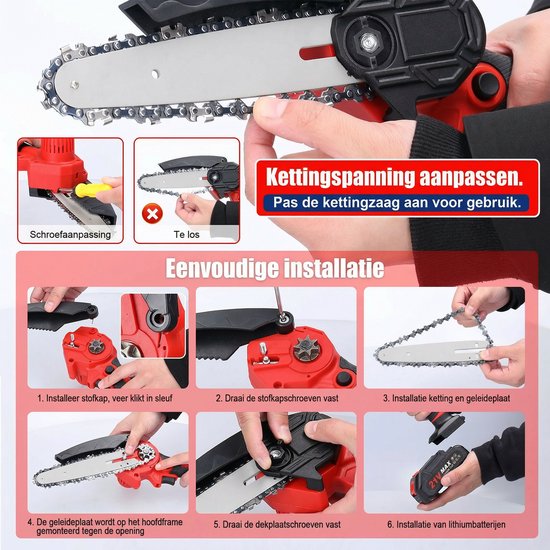 21V Mini Elektrische Kettingzaag - 6 Inch Zaagblad - Draadloze Handzaag - 2 Lithiumbatterijen - Snelle Oplaadfunctie - Veiligheidsvergrendeling - Rood van Tutoy — afbeelding 4