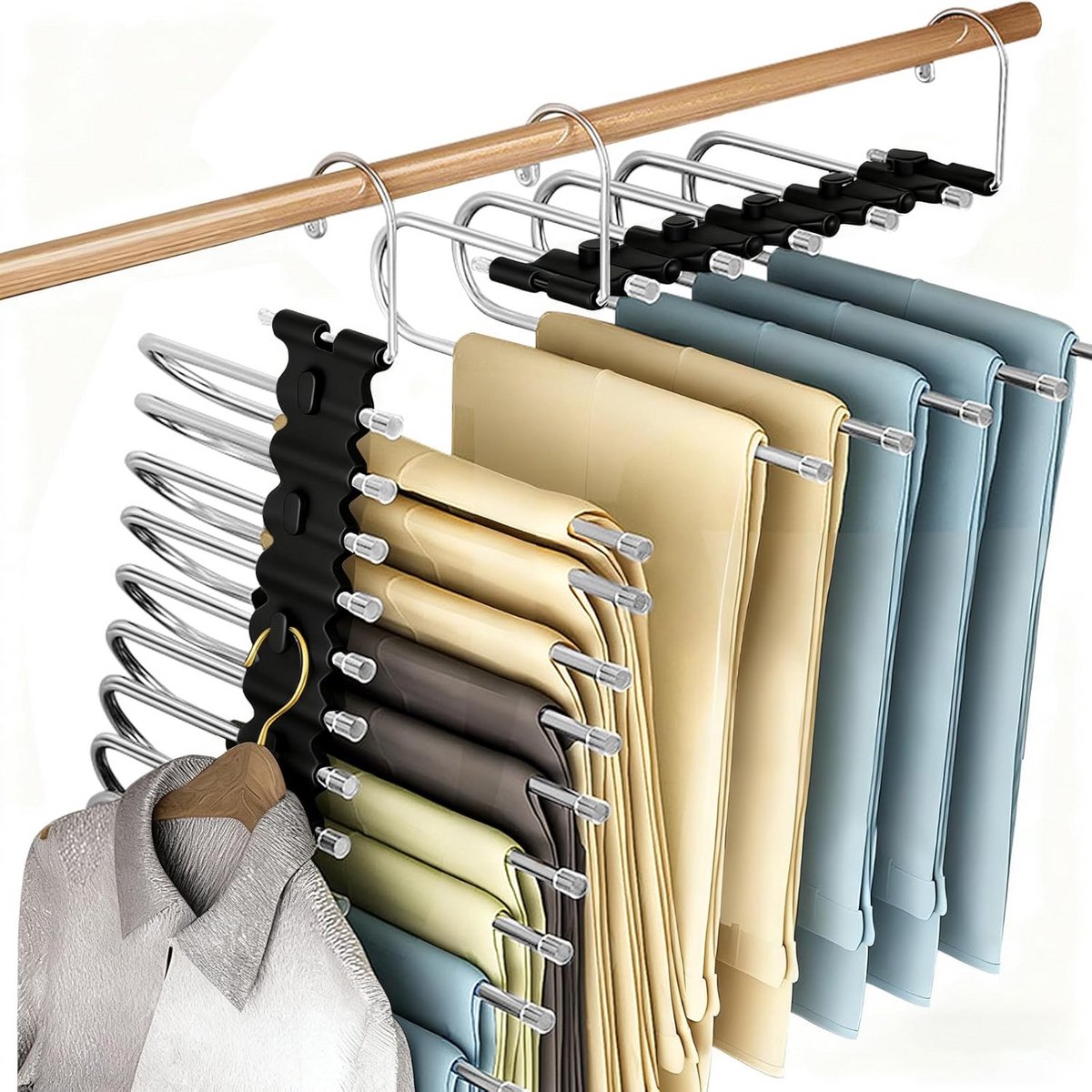 9-in-1 Ruimtebesparende Opvouwbare Broekhangers met Antislip Klemmen - Set van 2