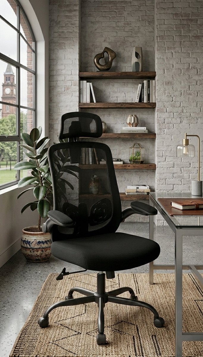 Ergonomische Bureaustoel– Mesh Comfort Kantoorstoel met Lendensteun, Verstelbare Hoogte, Draaibaar en Zwenkbaar, Inclusief Opklapbare Armleuningen – Zwart Metaal – Ideaal voor Thuiswerk, Gaming en Studie,Casa Serena