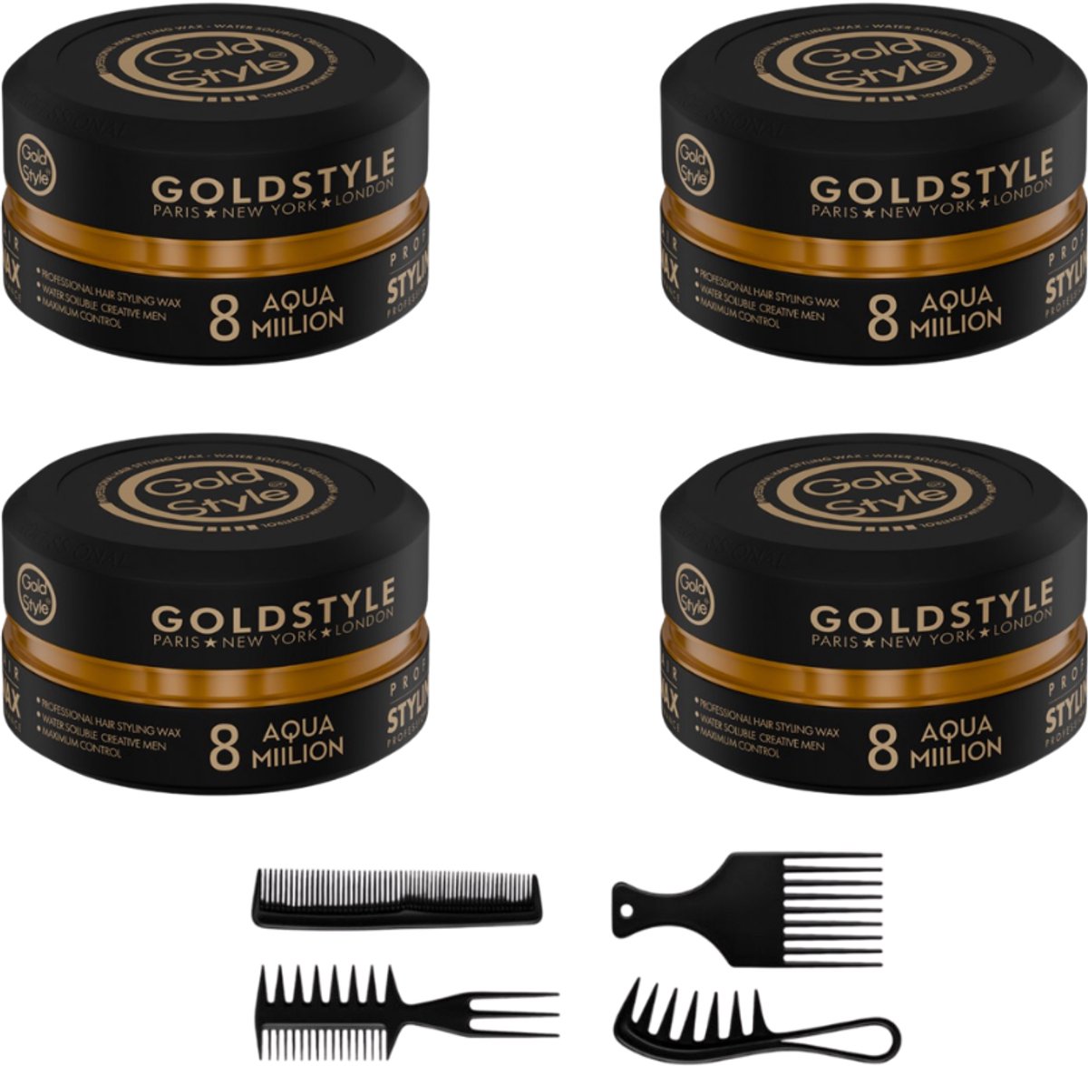 Gold Style Haar Wax Nummer 8 – Aqua Miilion – 4 x 150ML (600 ML totaal) + 4 Styling Kammen