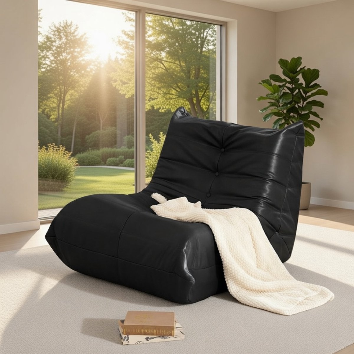 Luxe Memory Foam Vloerbank - Moderne Lounge Fauteuil van Kunstleer - Armloze Relaxfauteuil - Zwart - 96,5 x 96,5 x 74,9 cmCasa Serena – Casa Dorada