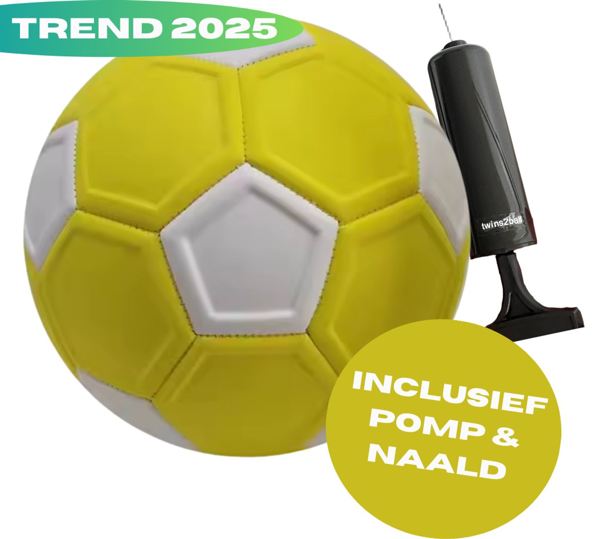 Twins2ball curve bal + POMP & NAALD - curveball - curve bal maat 5 - geel - voetbal - kickerball - curve ball voetbal