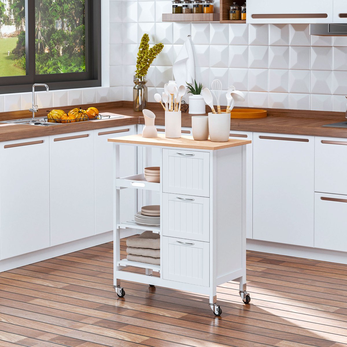 HAUSS SPOLE Keukentrolley - Met 3 Laden En 3 Niveaus - Met Remwielen Voor Keuken En Eethoek - MDF Wit - 67x37x84 Cm
