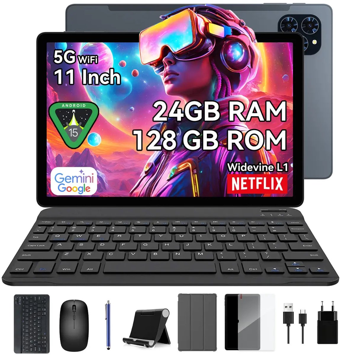 KINGRID T90 Tablet - Gemini AI - 24GB RAM - 128GB ROM - Met Toetsenbord - Android 16 - 8000mAh - Octa Core T615 - 5G WiFi - Widevine L1 - GPS - Grijs