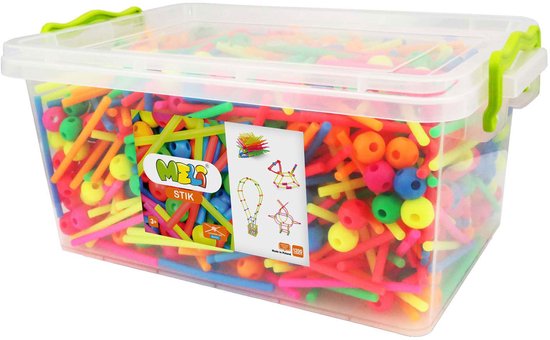 Doorzichtige bak met K'nex Meli Stik neon bouwblokjes, waaronder staven en balletjes in diverse felle kleuren.