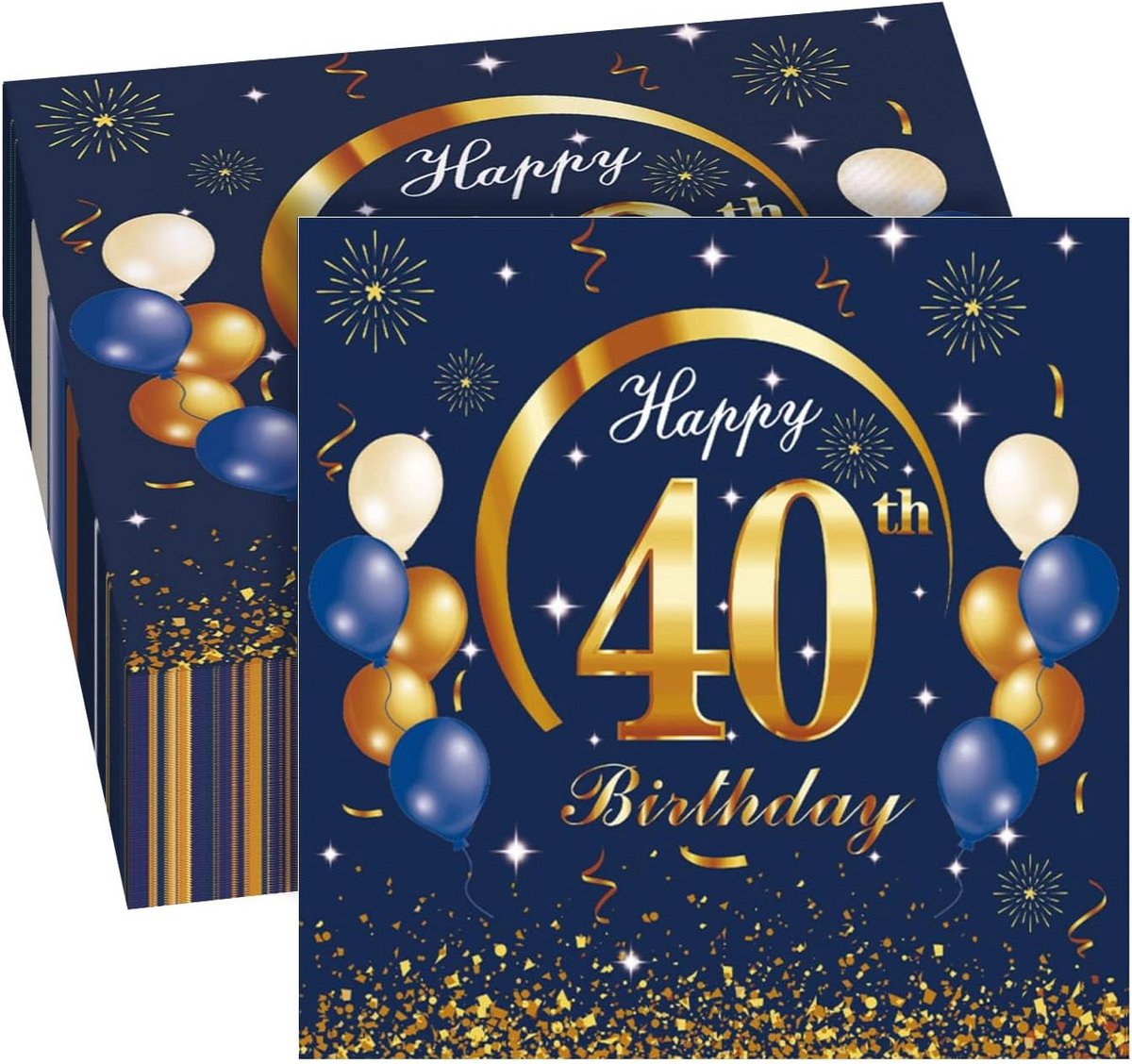 40 Stuks Blauwe Servetten 40e Verjaardag Luxe met Gouden Happy Birthday Print