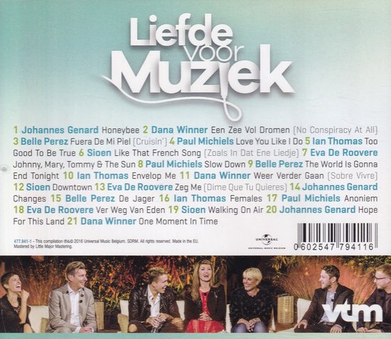 CD-hoes met de titel Liefde voor Muziek en een groepsfoto van zes artiesten.