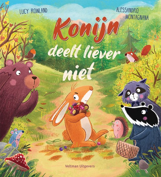 Boek kaft met een konijn dat een mand met bessen vasthoudt, omringd door bosdieren.