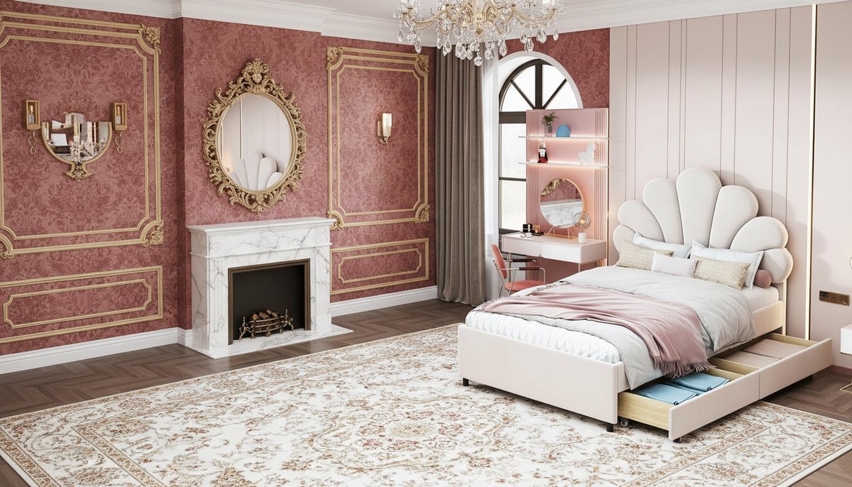 Gestoffeerd Tienerbed 90x200 cm – Casa Velluto Aurora Beige – Bloemhoofdbord Fluwelen Platformbed met Lattenbodem en 2 Opbergladen – Jeugdbed / Kinderbed