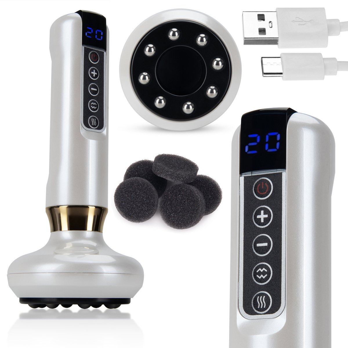 COIL 5-in-1 ultrasone massager met led-display – Elektrostimulatie + vibratie + verwarming – Anti-cellulitis massager – USB-oplader – Intensiteitsregeling – Draadloos – Wit