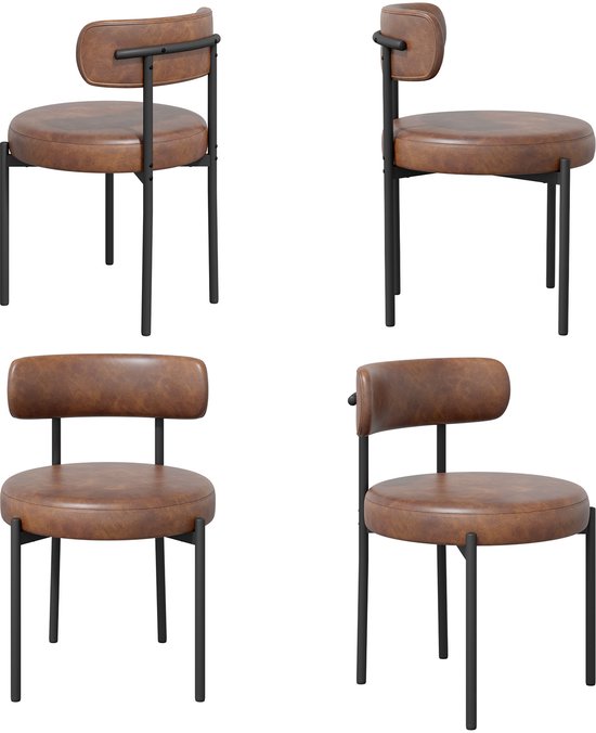 Quatre vues différentes d'une chaise marron avec assise et dossier rembourrés. Pieds en métal noir.