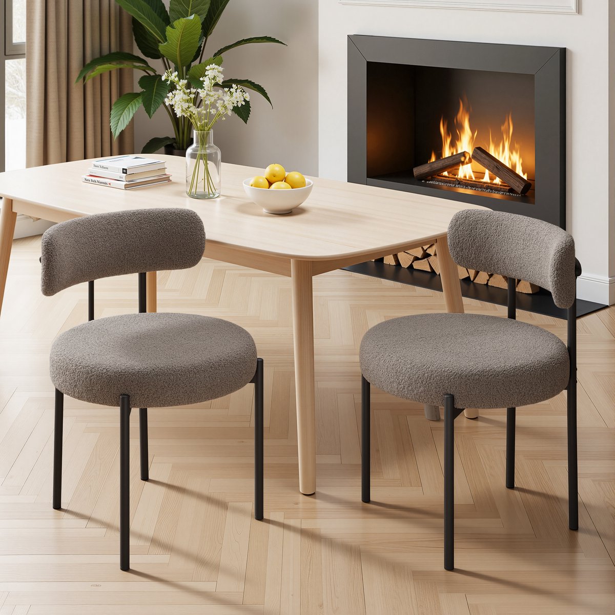 Eetkamerstoel Set van 2 Teddy Stof Gestoffeerde Stoel met Metalen Poten Moderne Keukenstoel Design Stoel Zachte Bouclé Stoel Comfortabele Zitstoel voor Eetkamer Woonkamer Keuken Slaapkamer Horeca Scandinavische Stijl