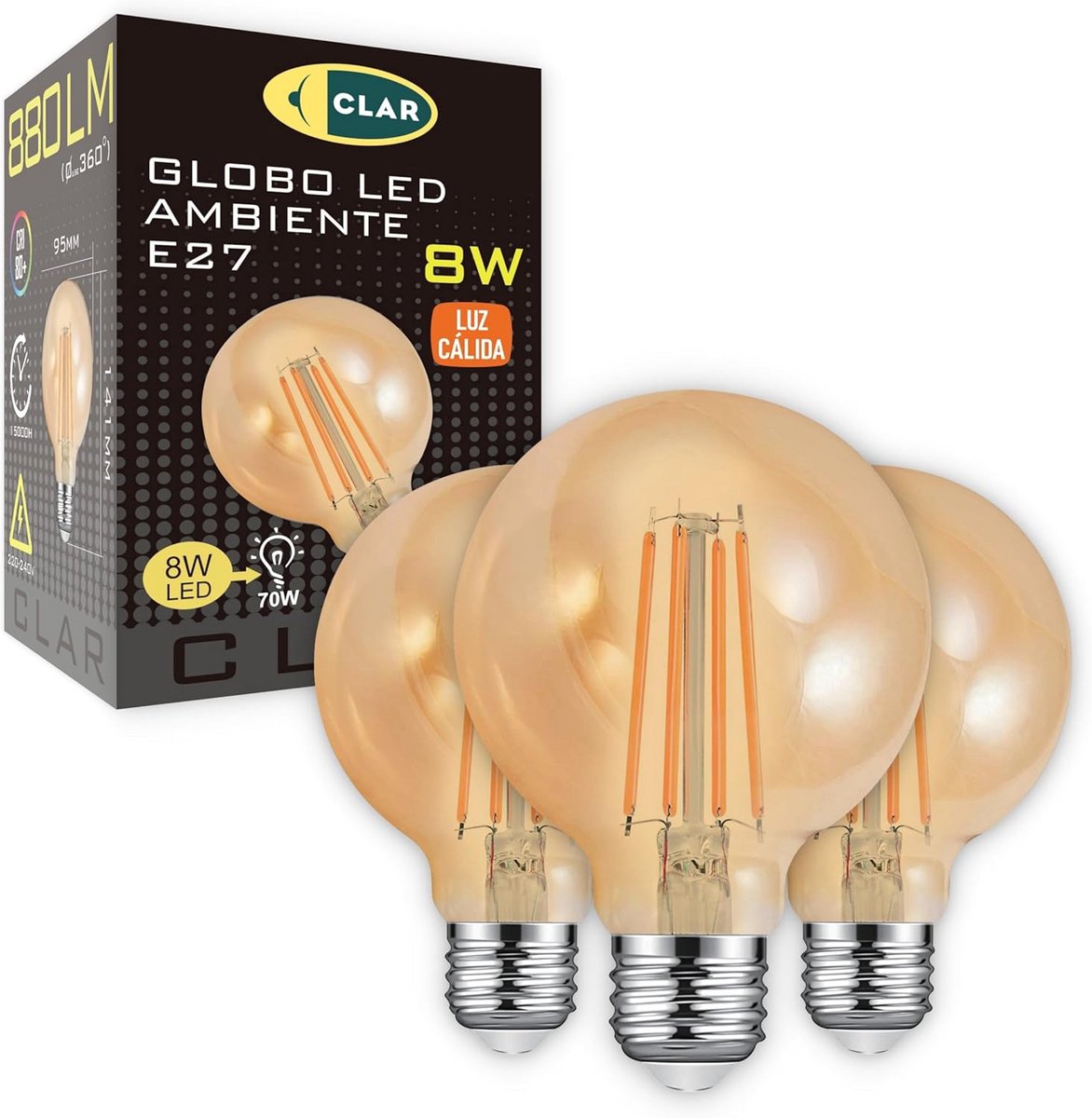 Set van 3 Grote Globe LED Filamentlampen E27 Amber Warm Wit Licht