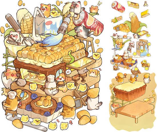 Ainy – Scene 3D Sticker Maïskraam | 1 Achtergrond 23.5*18.6cm met PET Stickers set | Burger & Pizza miniatuur stickerboek | Creatief & Rustgevend vakantieboek | Stickervellen voor volwassenen en kinderen