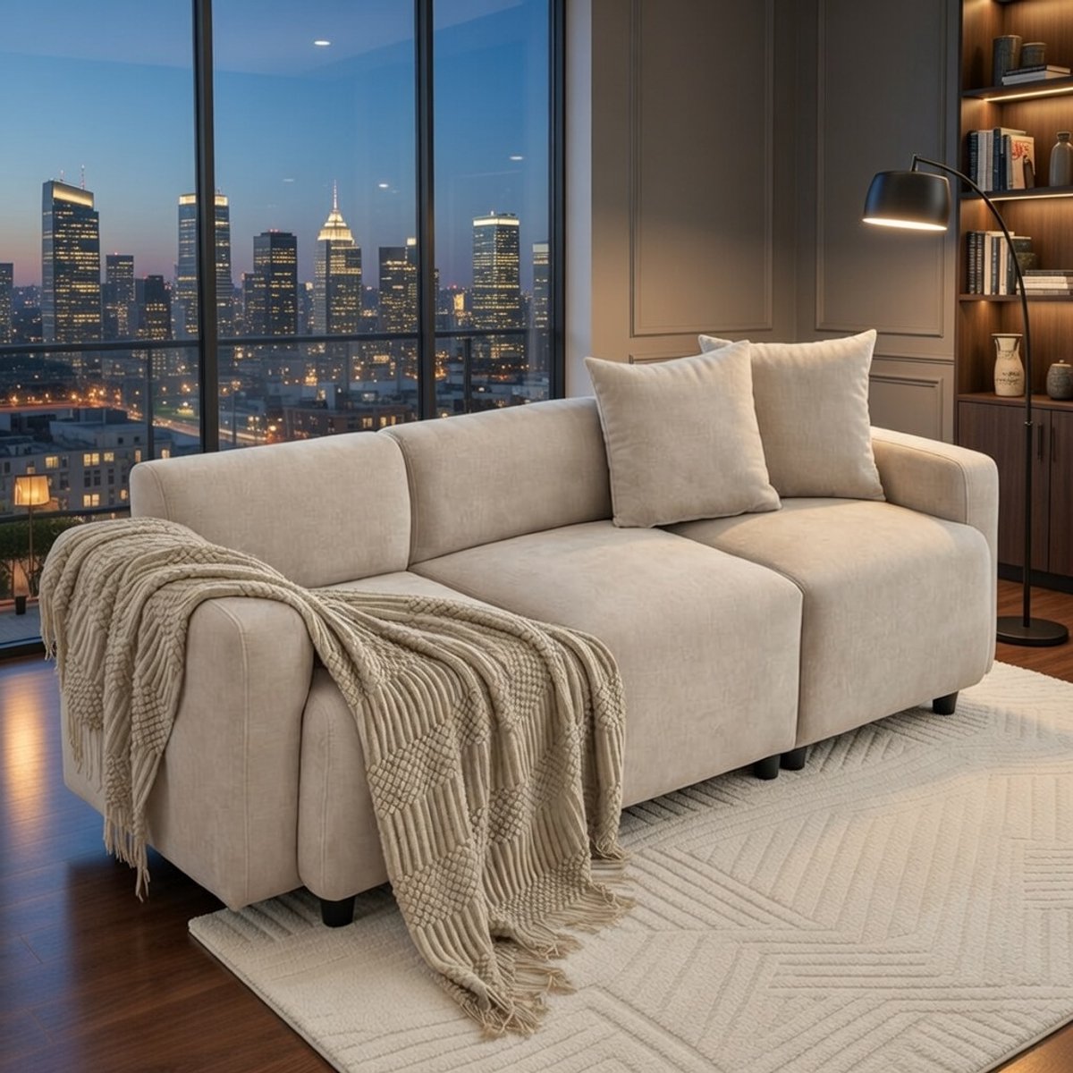 Luxe 3-Zitsbank Beige Met Decoratieve Kussens - Moderne Gestofferde Woonkamerbank - Comfortabele Chenille Bank Voor Families & Vrienden - Casa Serena