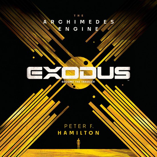 Boekomslag van 'Exodus: The Archimedes Engine' door Peter F. Hamilton met gouden lijnen en een figuurtje.