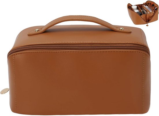 Trousse de maquillage de voyage, étui cosmétique portable pour femmes avec grande capacité, organisateur de maquillage plat avec façade ouverte, trousse de toilette imperméable en cuir PU avec séparateurs et poignée