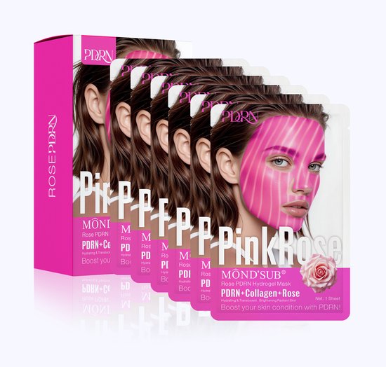 Zes MOND'SUB Pink Rose hydrogelmaskers op een rij. Elk masker toont het gezicht van een vrouw met roze strepen.