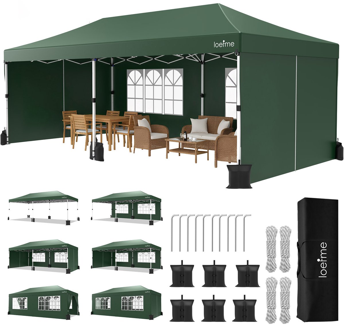 LOEFME 3x6m Pop-up Paviljoen - Waterdicht - UV-Bescherming - 3-traps Hoogteverstelling - Met 4 Raamdoeken, 2 Ritswanden & 6 Zandzakken