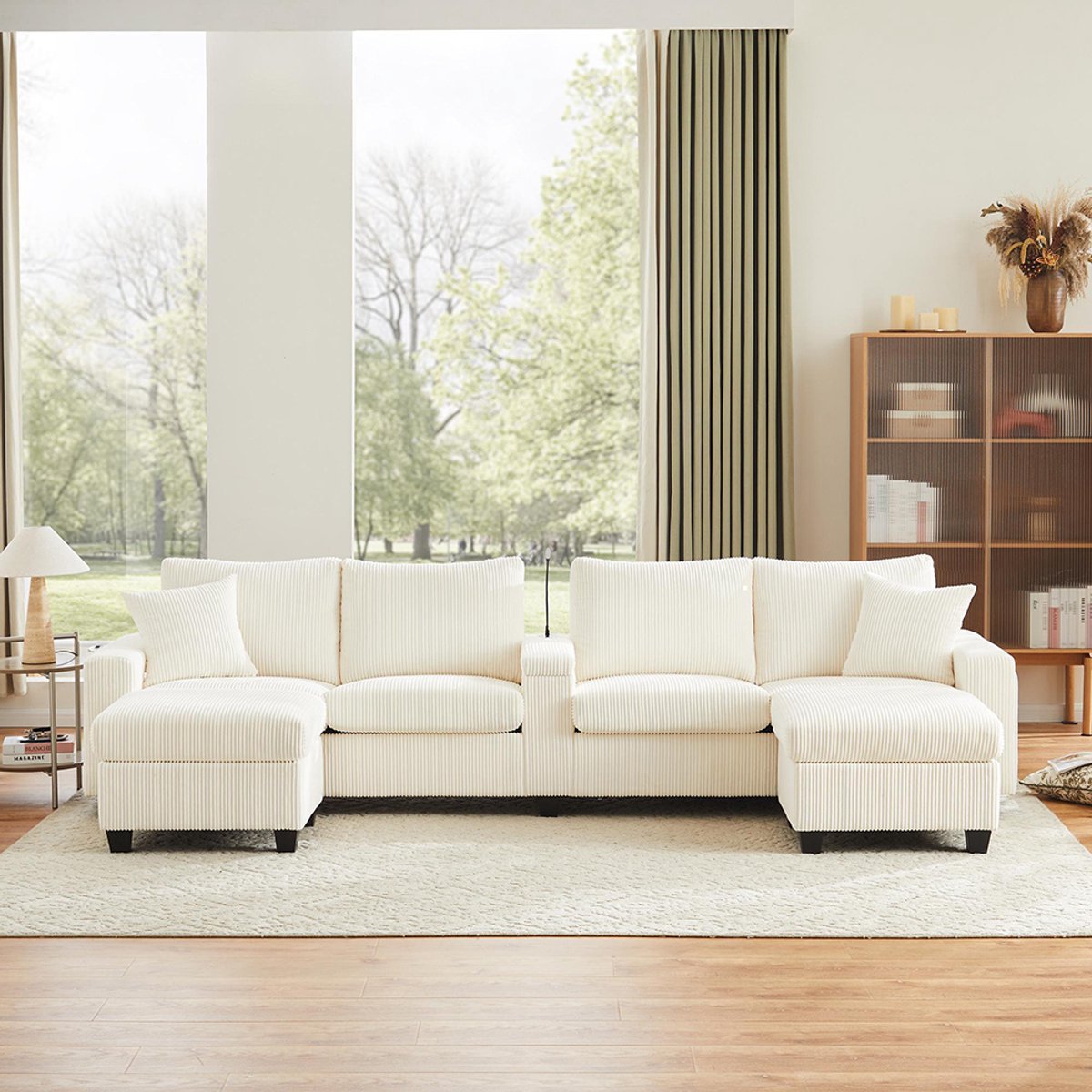 KOMHTOM BLACKCOLORS U-vormige bank in corduroy met 2 krukken, leeslamp, neerklapbaar dienblad, bekerhouder en USB/Type-C, armleuningen aan beide zijden met decoratieve ledverlichting, beige, afmetingen: 334 x 128,5 x 81 cm.