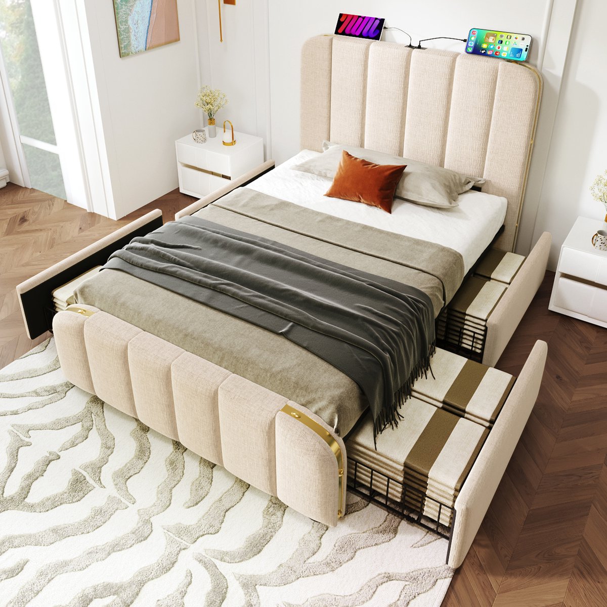 Gestoffeerd Bed Eenpersoonsbed, Gevoerd Hoofdeinde met Gouden Sierstrepen en USB Type-C Oplaadfunctie 90*200 cm, Beige Linnenstof met 4 Laden (Zonder Matras)