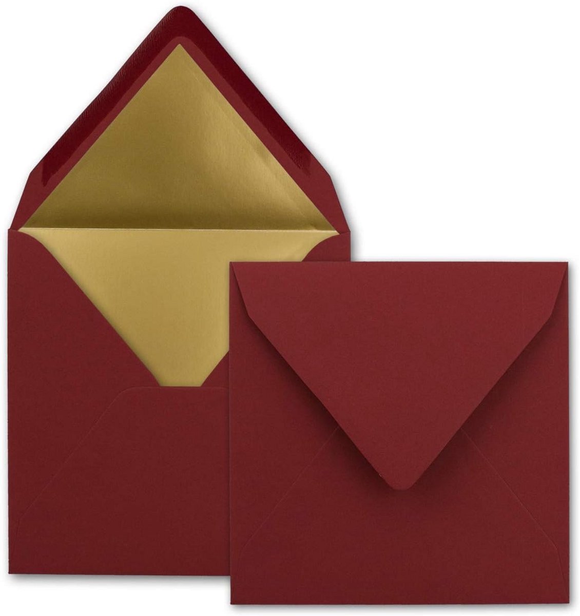 100 Vierkante Enveloppen 15,5x15,5 cm Donkerrood Gevoerd met Glanzend Goudpapier