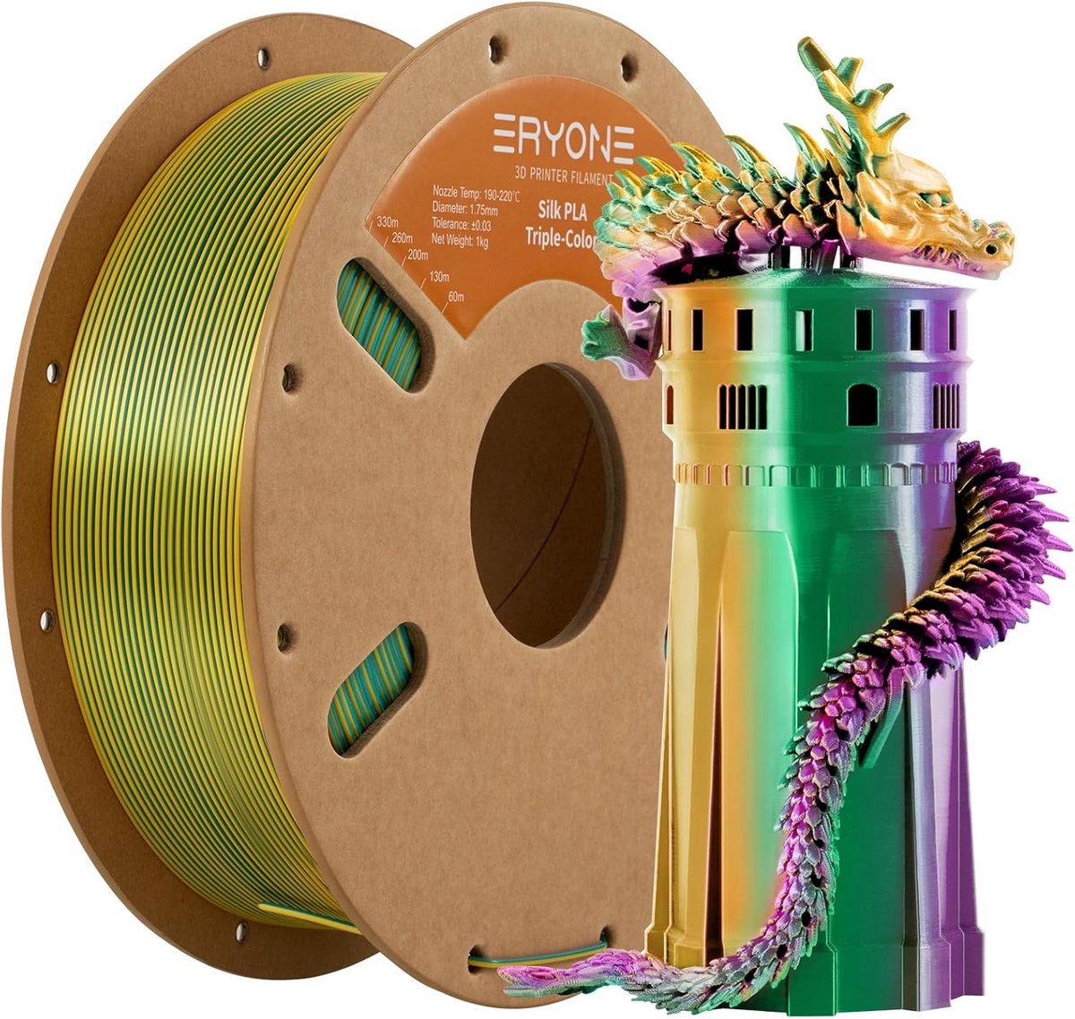 3D Printer Filament Silk PLA 1.75mm, 1kg Multicolor (Groen, Lila, Geel)