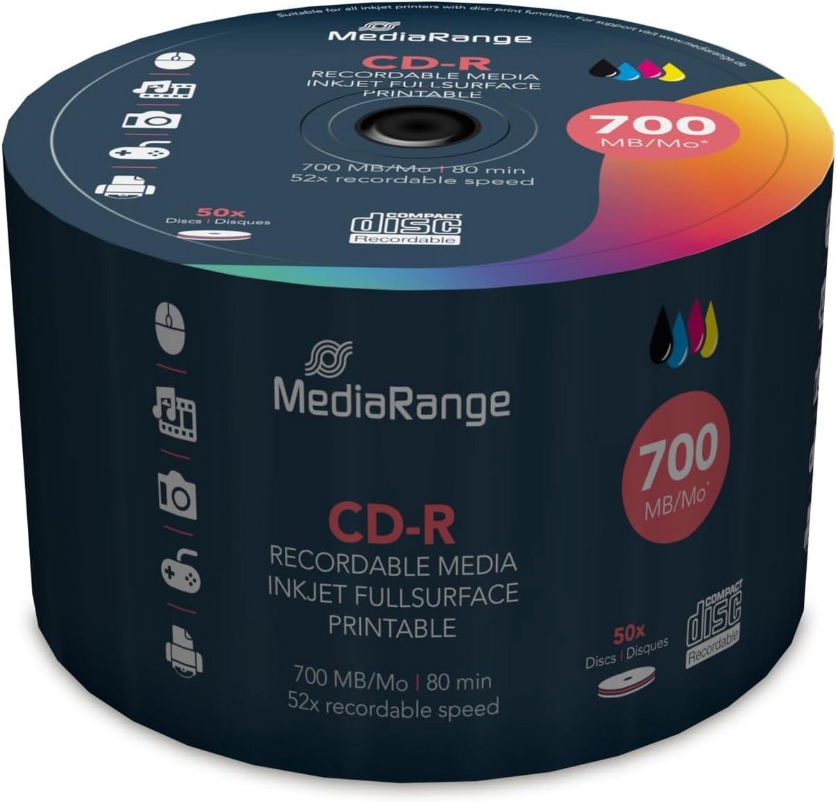 50 Stuks CD-R Bedrukbaar 700MB - Volledig Wit Inkjet Printable - 80 Minuten Opname Tijd