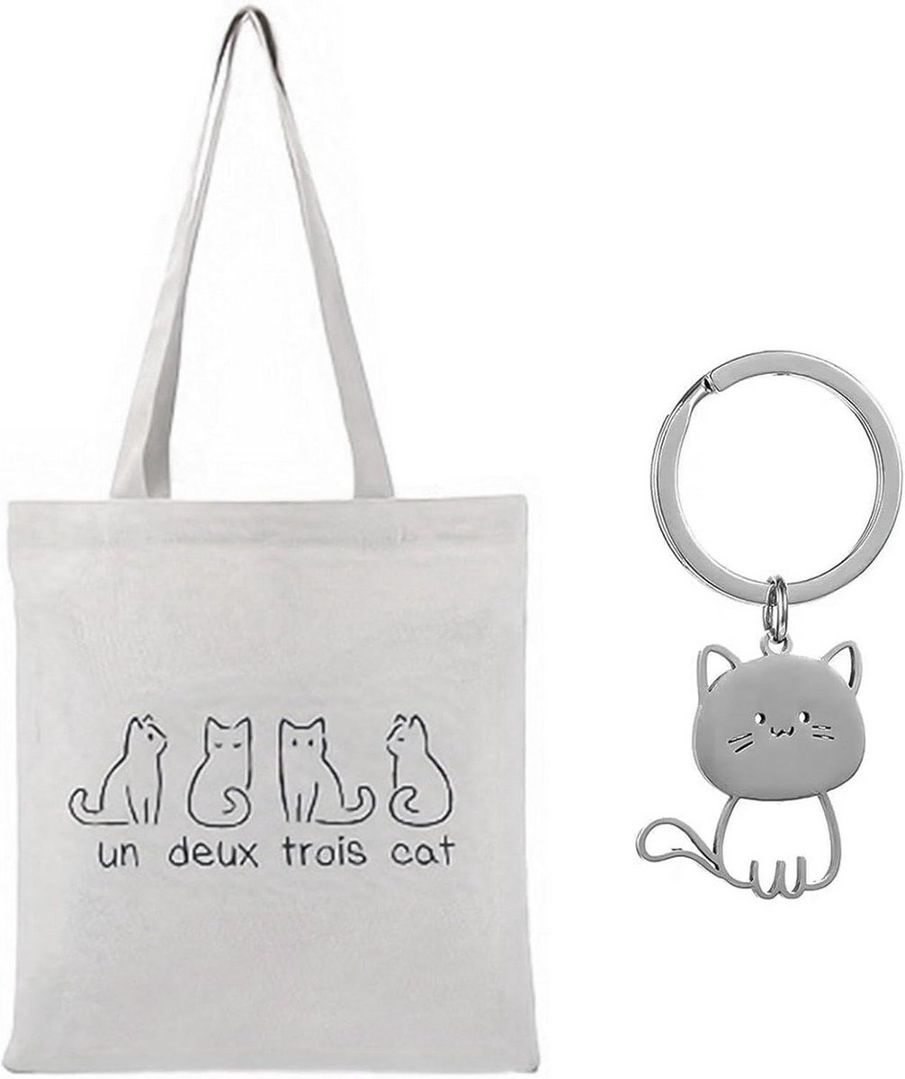 Grote Canvas Boodschappentas met Kattenprint en Sleutelhanger