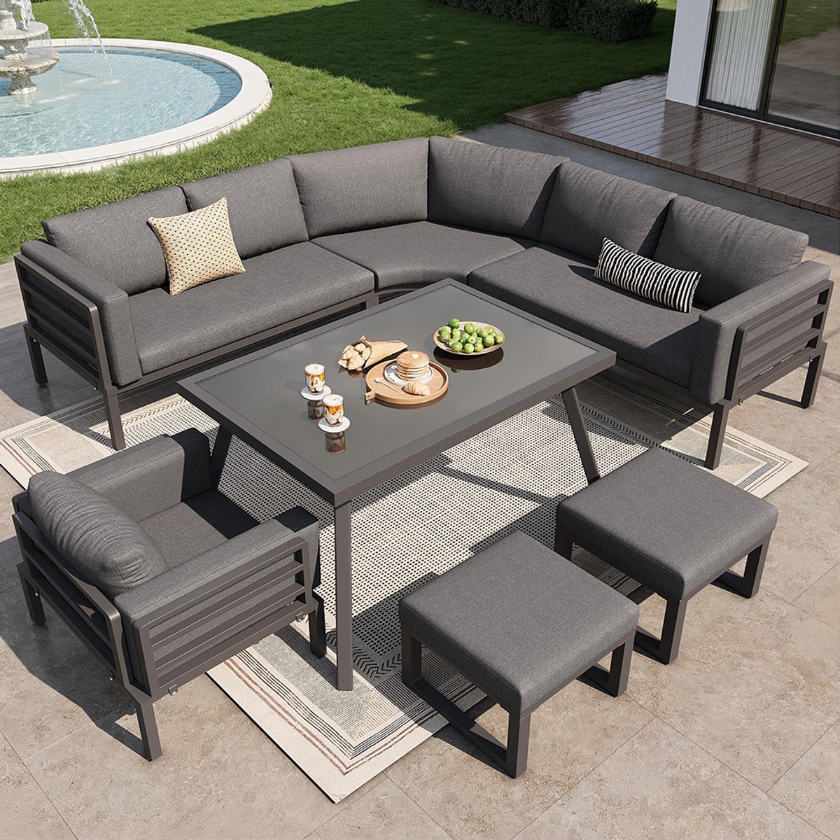 BLACKCOLORS - Halvemaanvormige 8-persoons tuinset - Stevig ijzeren frame met grijze kussens - Inclusief glazen tafel, 1 fauteuil & 2 krukken - Weerbestendig terras- en balkonmeubilair