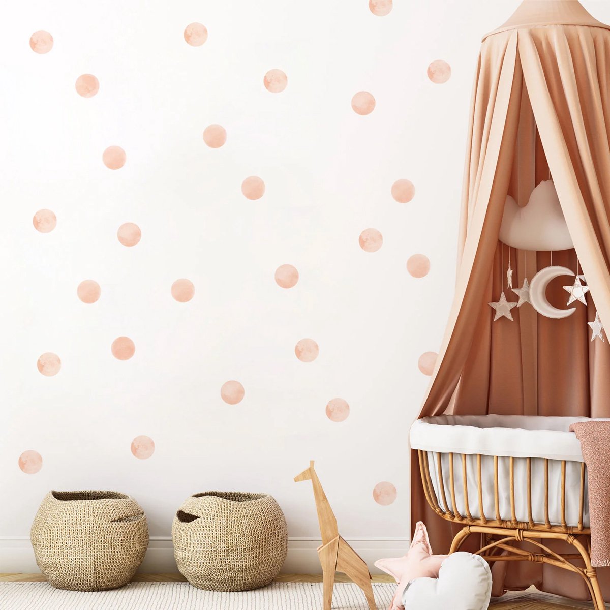 Decochic® - Muurstickers stippen- aquarel- 75 stuks - peach- perzik- roze - oranje - waterverf - babykamer - kinderkamer - muurdecoratie