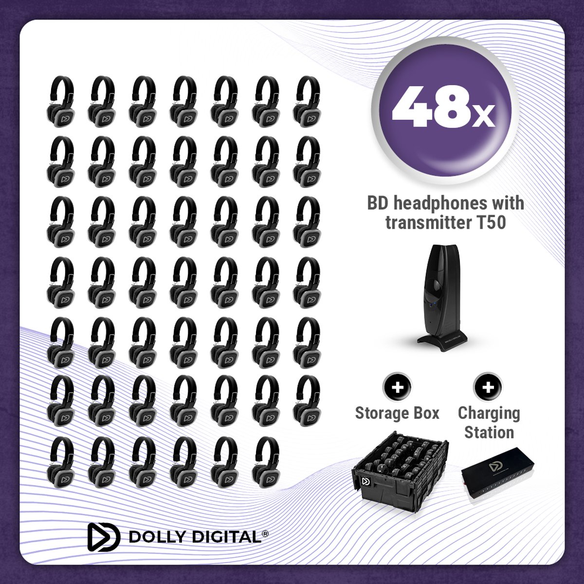 Complete Set 48x Dolly Digital© BD Draadloze Koptelefoons voor groepen + T50 Zender + Oplaad Station + 2 Professionele Storage Boxen| Silent Disco