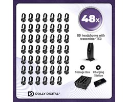 Complete Set 48x Dolly Digital© BD Draadloze Koptelefoons voor groepen + T50 Zender + Oplaad Station + 2 Professionele Storage Boxen| Silent Disco