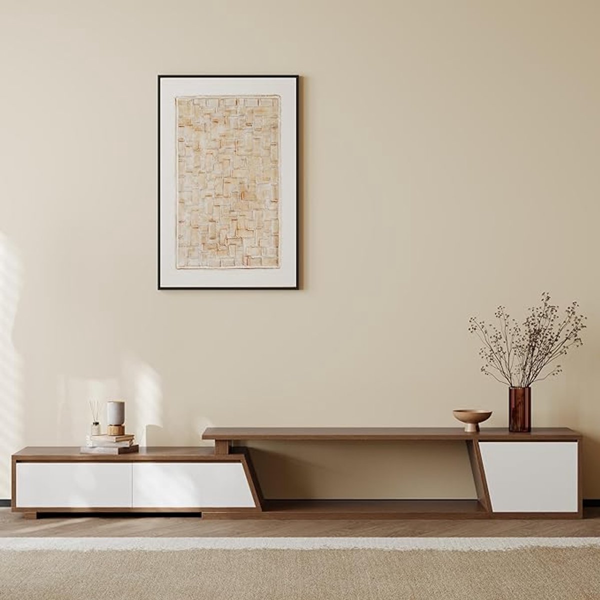 Uitschuifbare TV Kast 180-280 cm | Moderne TV-meubel met 3 Laden, Walnoot & Wit – Multifun