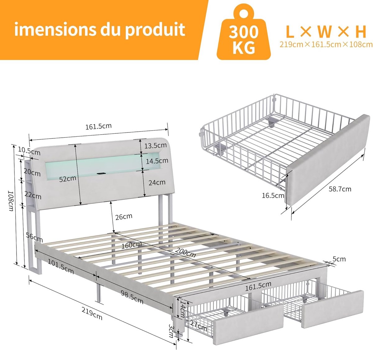 Gestoffeerd Bed 160x200 cm met LED Verlichting en USB – Casa Velluto Lumina Royal Velvet Tweepersoonsbed met Opberglades, Lattenbodem en Oplaadstation – Beige Fluwelen Bedframe zonder Matras