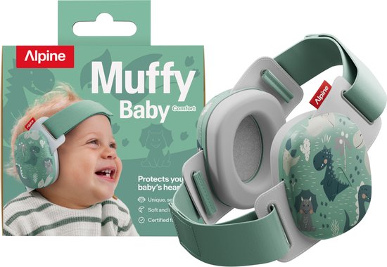 Alpine Muffy Baby Comfort koptelefoon en doos met mintgroene dinosaurusprint, baby op doos.