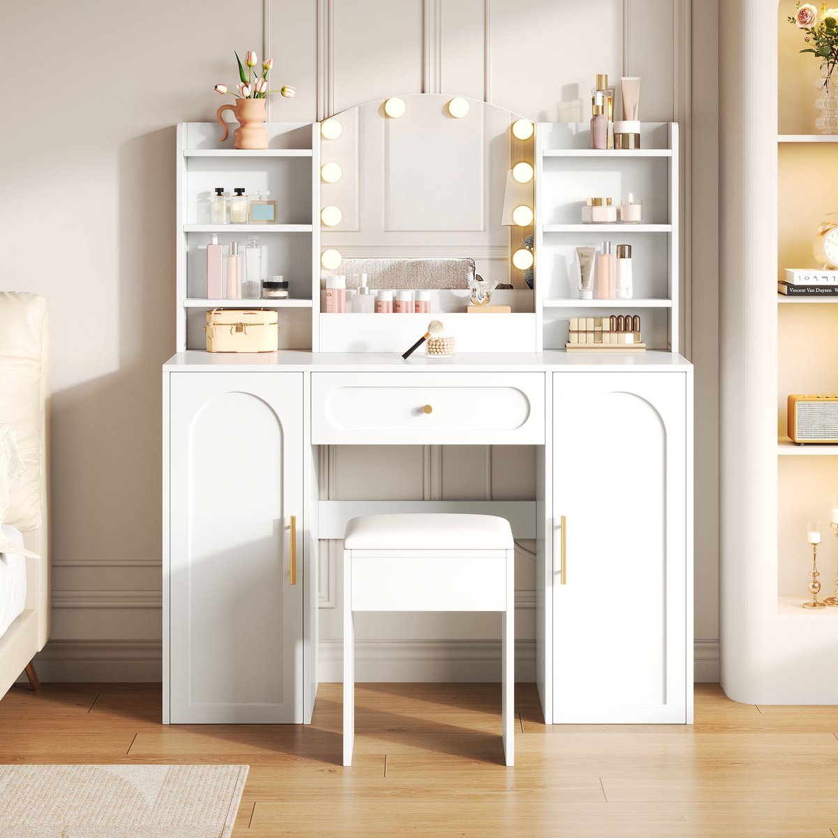 Zubaliya 1x Make-up Tafel Met LED Spiegel En Kruk - Toilettafel Met Opbergruimte Lades En Kast - Modern Wit - 110x40x132 Cm