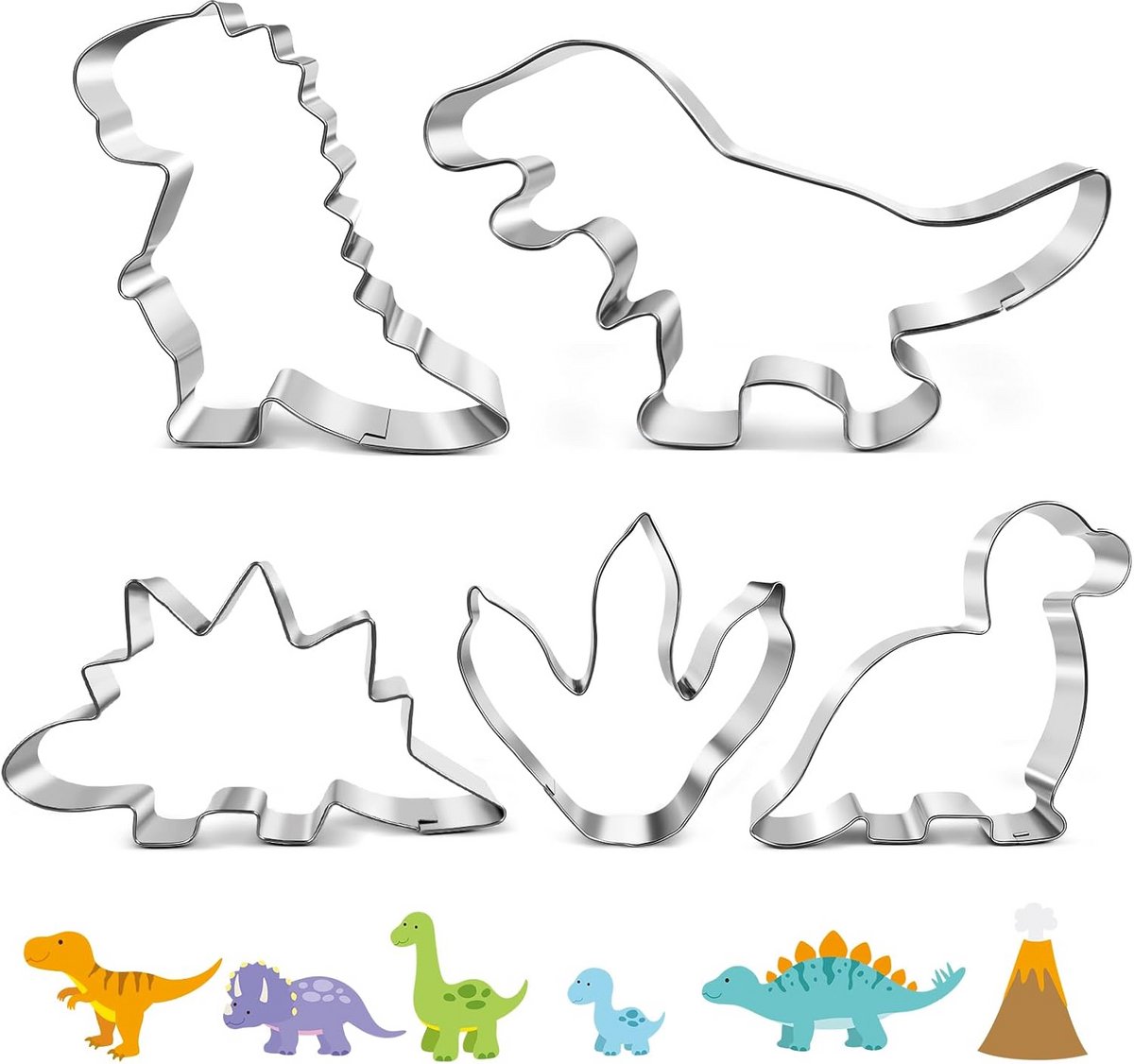 5 Delige Set Koekjesvormpjes Dinosaurus Pootslag - RVS Koekjesvorm Bakset