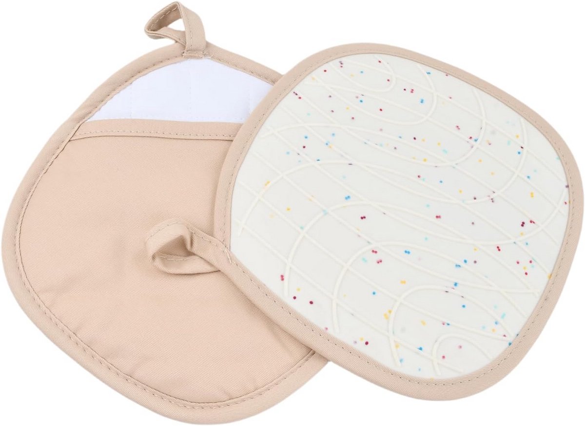 Set van twee stuks, 2-in-1 keukenwarmte-isolatiemat, siliconen katoenen warmtemat, hittebestendige ovenwanten, geschikt voor koken, bakken en grillen, 20,5 x 20,5 cm.