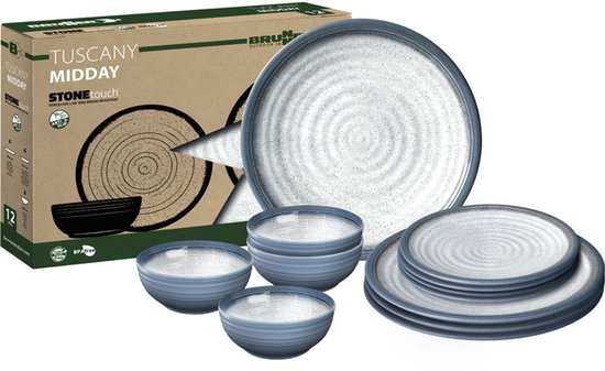 Brunner Tuscany Midday melamine servies verpakking voor 12 stuks met afgebeelde borden en kommen.