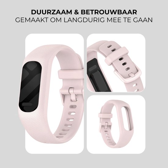 Roze siliconen smartwatch bandje in drie weergaven: volledig, gesp en los bandje.