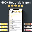 Screenshot van een telefoon met recensies en sterren, met logo's van Praxis, Brico, makro, Hornbach, Amazon, Kaufland.