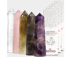 Bixorp Gems Edelsteen Punt set met Bergkristal + Rozenkwarts + Citrien + Rookkwarts + Amethist - Edelstenen Obelisk - Decoratieve Toren van 100% Natuurlijke Edelsteen - 6 tot 8cm