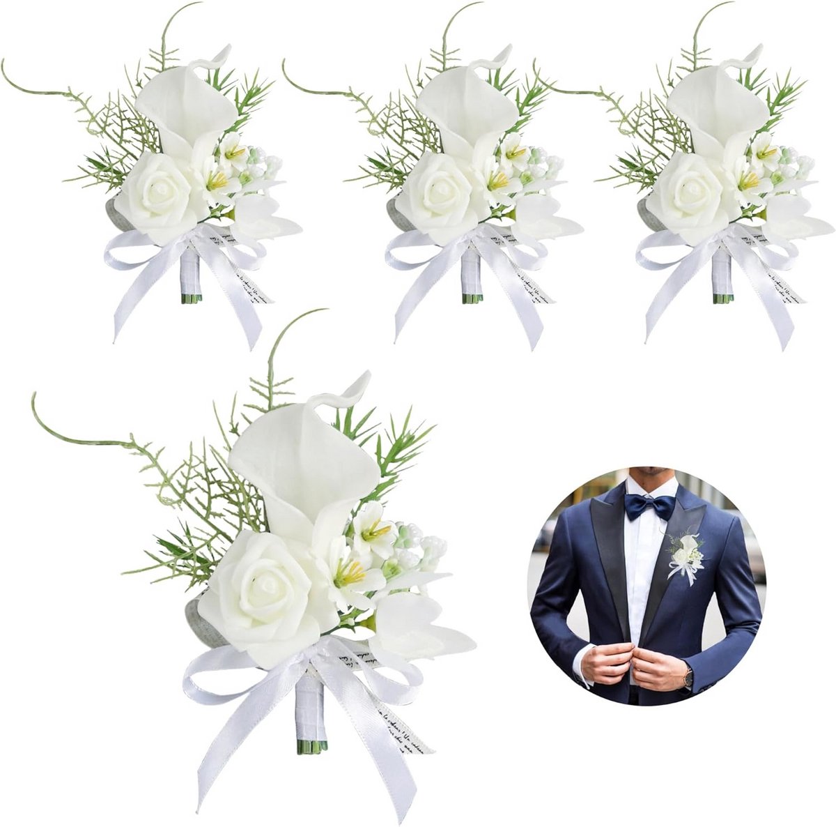 4x Handgemaakte Witte Calla Leelie Corsage Boutonniere voor Bruiloft en Feesten