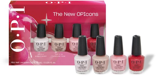 O.P.I. The New OPicons mini nagellak set met vier lakjes voor de verpakking.