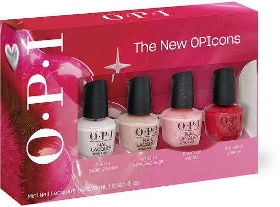 O.P.I. The New OPicons mini nagellak set met vier lakjes: Bubble Bunny, Put It In Airplane Mode, Japanese Rose en Red Apple Pies.