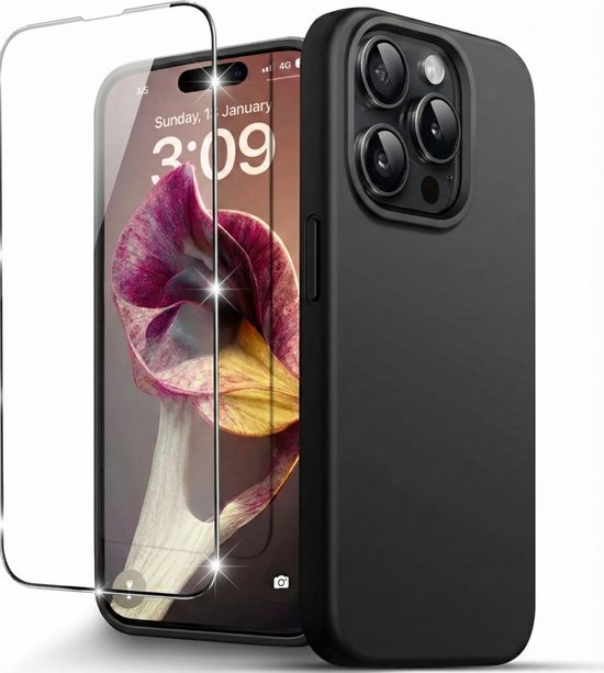 Zwarte telefoonhoes voor iPhone 16 Pro met displayfolie.