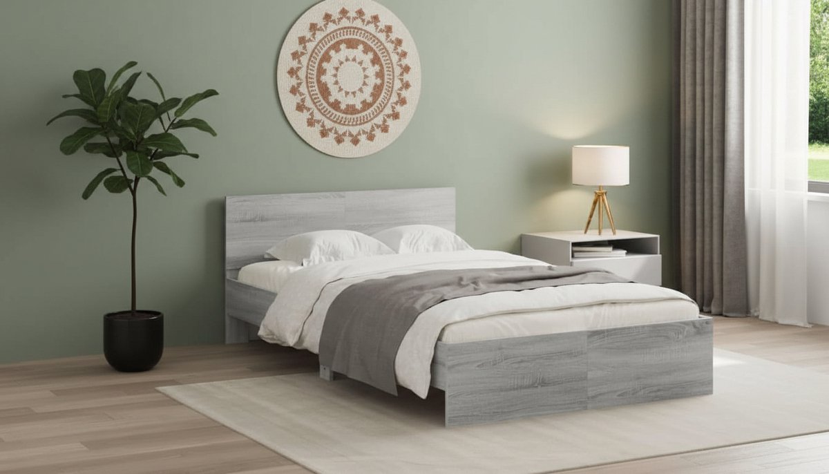 Bedframe 120x200 cm met Hoofdbord en Lattenbodem – Twijfelaar Bed in Grijs Sonoma – Modern Houten Tweepersoonsbed – Casa Velluto Milano Sonoma Bed