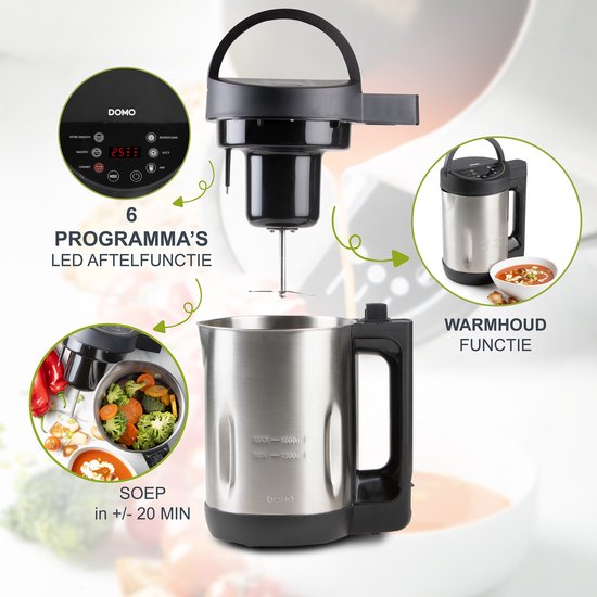 DOMO DO1144BL Soepmaker Domo - 1,6L - 6 Programma's - Blender - RVS - Inox/Zwart van Domo — afbeelding 3